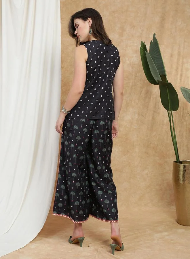 globus Women Black Round Neck Tunic and Palazzos Co-Ords